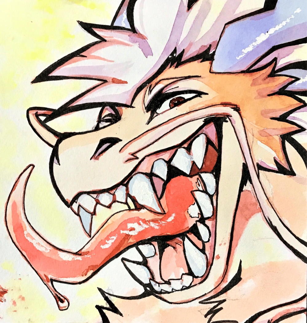 ambiguous_gender anthro big_fangs blue_horn bodily_fluids brown_eyes cheek_tuft dragon dripping facial_tuft famir_(artist) fur furred_dragon hair horn long_tongue looking_at_viewer messy_hair narrowed_eyes nude orange_body orange_fur red_tongue saliva saliva_drip short_hair shoulder_tuft simple_background solo tongue tongue_out traditional_media_(artwork) tuft unsigned white_hair