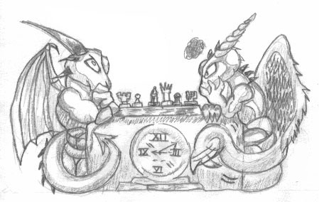 annoyed anthro board_game chess clock dragon duo female glaring graphite_(artwork) impatient low_res male monochrome pencil_(artwork) pensive playing reddragonkan traditional_media_(artwork)