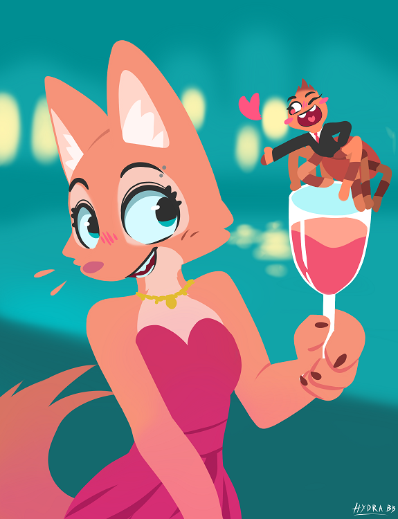 &lt;3 2022 anthro arachnid arthropod blurred_background blush canid canine clothed clothing container cup diane_foxington digital_media_(artwork) dreamworks dress drinking_glass duo fox fully_clothed glass glass_container glass_cup holding_cup holding_object hydrabb mammal ms._tarantula_(the_bad_guys) mygalomorph one_eye_closed open_mouth open_smile smile spider tarantula the_bad_guys wine_glass wink
