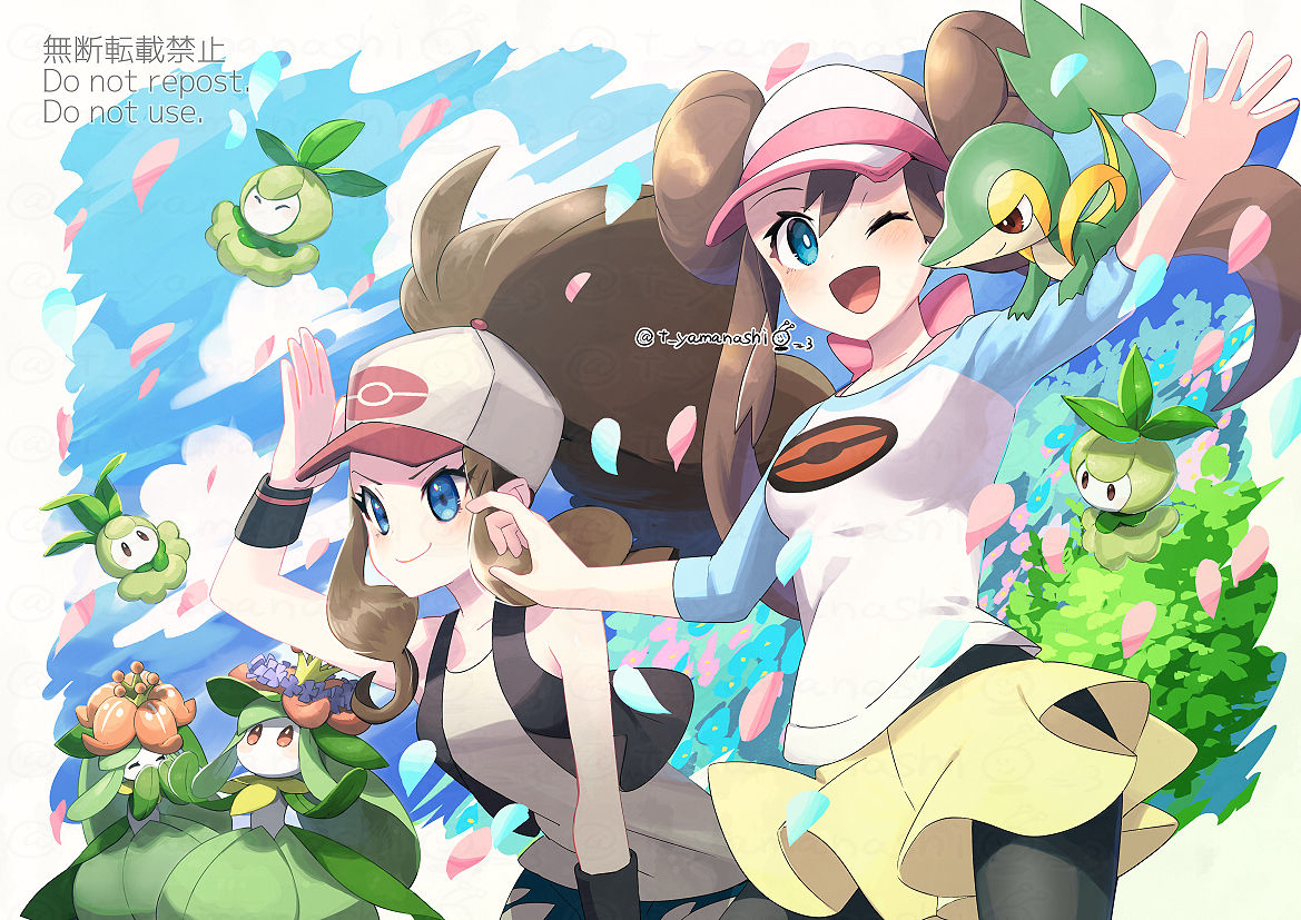 2girls ;d arm_up bangs baseball_cap black_pantyhose black_vest blue_eyes bow bright_pupils brown_hair closed_mouth commentary_request double_bun doughnut_hair_bun eyelashes falling_petals green_eyes hair_bun hat high_ponytail hilda_(pokemon) legwear_under_shorts lilligant long_hair multiple_girls one_eye_closed open_mouth pantyhose petals petilil pink_bow pokemon pokemon_(game) pokemon_bw pokemon_bw2 pokemon_on_arm raglan_sleeves rosa_(pokemon) shirt shorts sidelocks sleeveless sleeveless_shirt smile snivy tongue vest visor_cap watermark white_pupils wristband yamanashi_taiki yellow_shorts