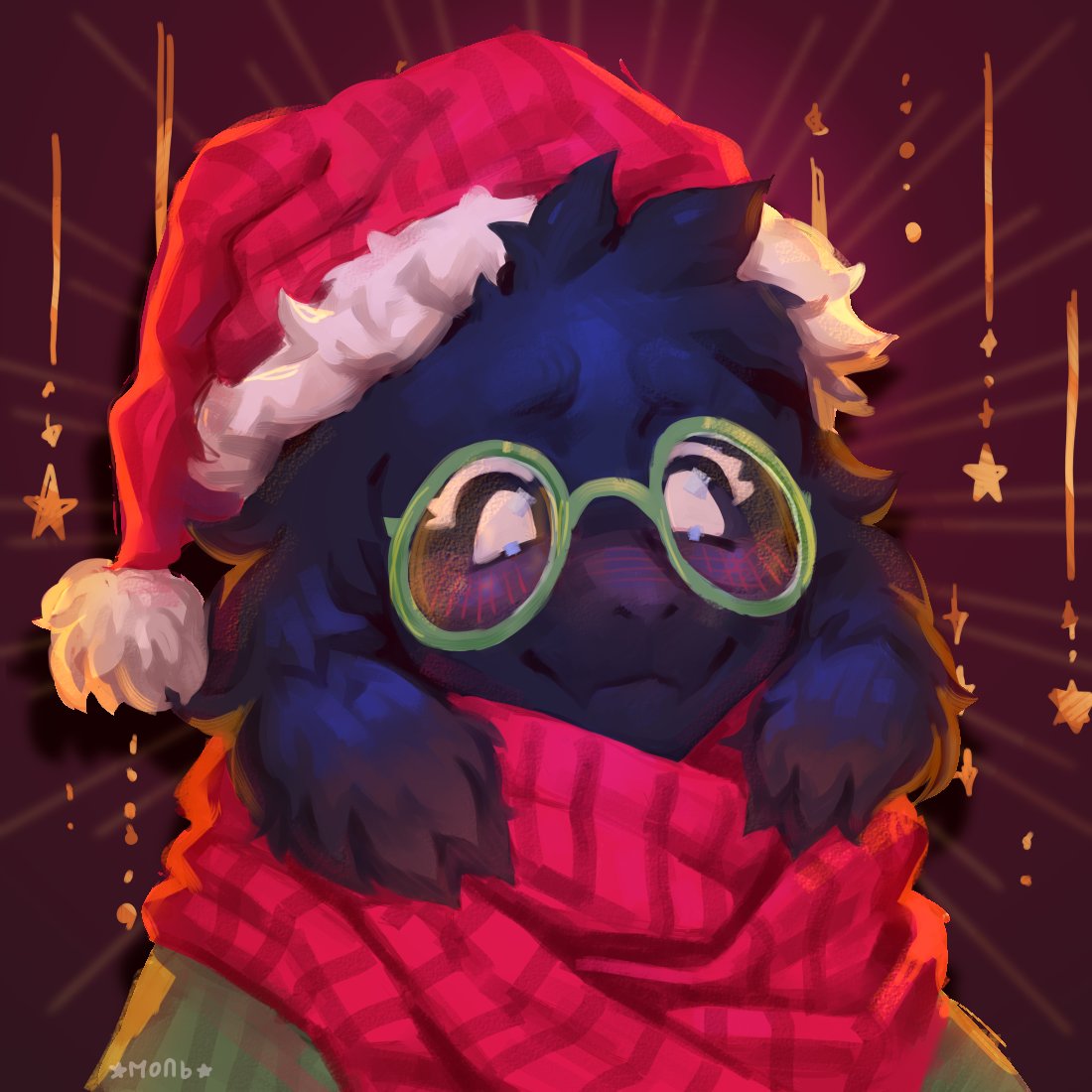 1:1 anthro artist_name black_body black_fur blush blush_lines bovid caprine christmas christmas_clothing christmas_headwear closed_smile clothing deltarune eyewear floppy_ears front_view fur glasses goat green_eyewear green_glasses headgear headwear holidays male mammal mothy_969 ralsei red_scarf scarf simple_background solo undertale_(series) video_games