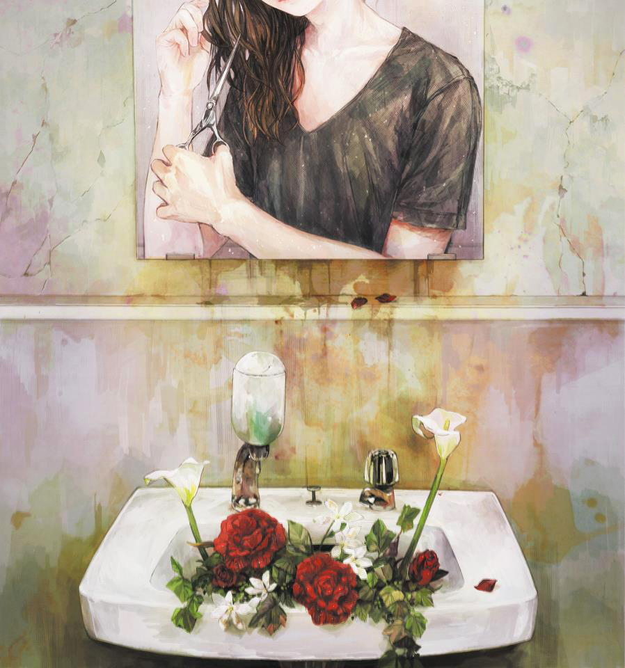 1girl amber_tobi black_shirt brown_hair commentary cutting_own_hair dirty faucet flower hand_soap heartbreak_haircut holding holding_hair holding_scissors leaf liquid_soap lonely long_hair looking_at_mirror mirror mixed-language_commentary original plant red_flower red_rose reflection rose sad scissors shirt short_sleeves sink solo t-shirt upper_body white_flower