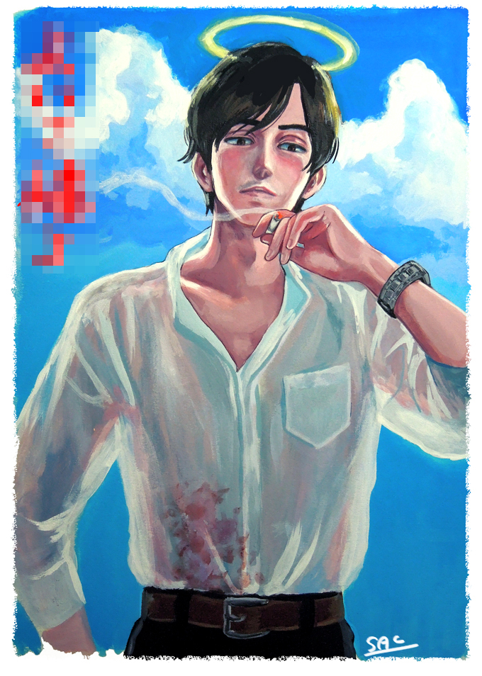1boy belt black_hair blood blood_on_clothes brown_eyes censored_text cigarette cloud collarbone collared_shirt dress_shirt facial_hair half-closed_eyes halo hand_up holding holding_cigarette kaneoya_sachiko looking_down male_focus original outdoors see-through see-through_shirt shirt short_hair smoking solo stubble upper_body watch wristwatch