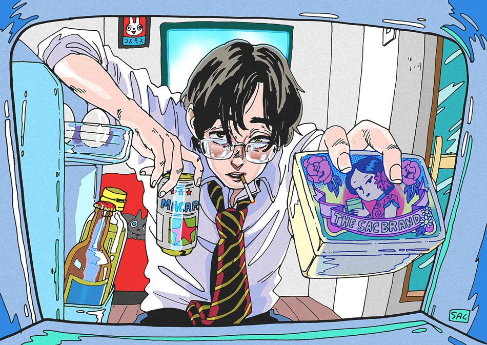 1boy bangs beer_bottle beer_can black_hair box can cat cigarette collared_shirt egg elbow_rest glasses grabbing holding holding_can indoors kaneoya_sachiko leaning_forward male_focus mouth_hold necktie original outstretched_arm parted_bangs parted_lips reaching_towards_viewer refrigerator shirt smoking striped_necktie yellow_eyes