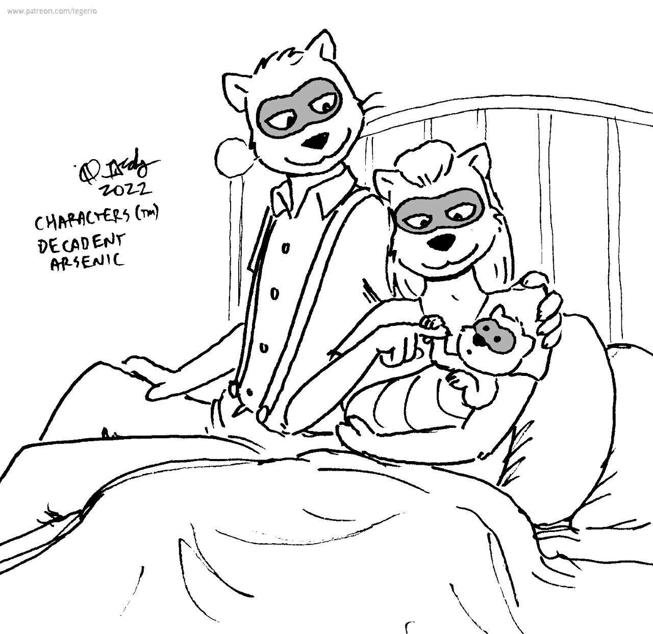2022 anthro baby bed clothed clothing facial_markings father female furniture group head_markings hi_res husband_and_wife male mammal markings married_couple mask_(marking) mother parent pillow procyonid raccoon tegerio trio young