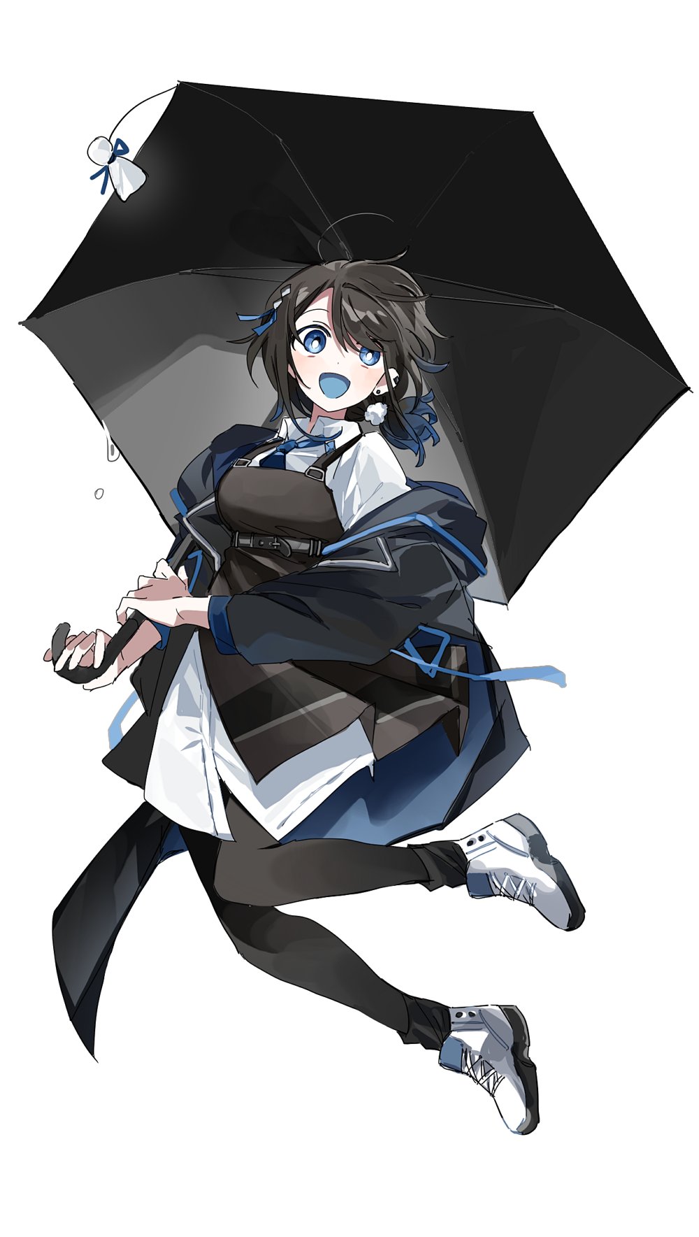 1girl :d ahoge apron black_apron black_hair black_jacket black_pantyhose black_umbrella blue_eyes blue_hair blue_necktie blue_tongue bright_pupils collared_shirt colored_tongue copyright_request full_body highres holding holding_umbrella jacket long_sleeves looking_at_viewer medium_hair multicolored_hair necktie off_shoulder ok_o_o open_mouth pantyhose shirt shoes simple_background smile solo streaked_hair teruterubouzu umbrella white_background white_footwear white_pupils white_shirt wing_collar