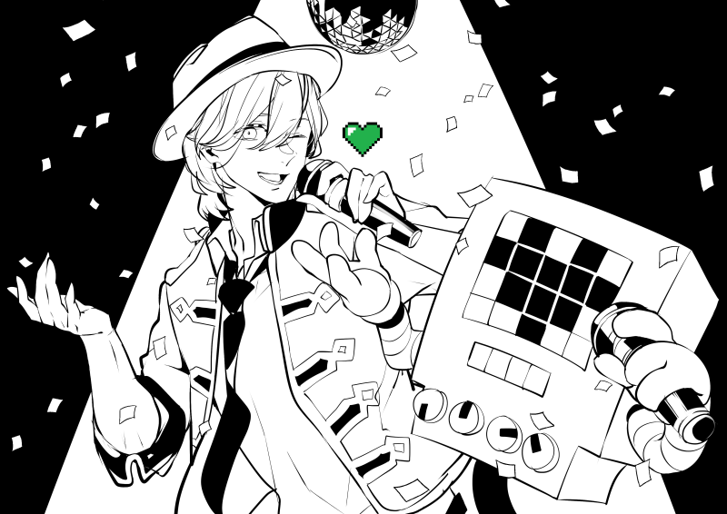 1boy ;d collared_shirt confetti crossover disco_ball fedora greyscale hair_between_eyes hat heart holding holding_microphone jacket kotobuki_reiji looking_at_viewer male_focus mettaton microphone mofmofqueue monochrome necktie one_eye_closed open_collar robot shirt short_hair smile spot_color spotlight undertale upper_body uta_no_prince-sama