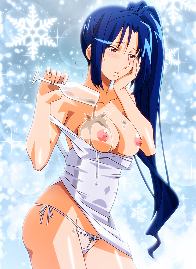 1girl alcohol asahina_natsuki blue_hair blush breasts breasts_out champagne_flute cowboy_shot cup dress drinking_glass hand_on_own_cheek hand_on_own_face high_ponytail long_hair mole mole_under_mouth nipples non-web_source official_art panties photoshop_(medium) pouring pouring_onto_self red_eyes side-tie_panties snowflake_background solo sparkle string_panties super_real_mahjong tanaka_ryou underwear white_dress