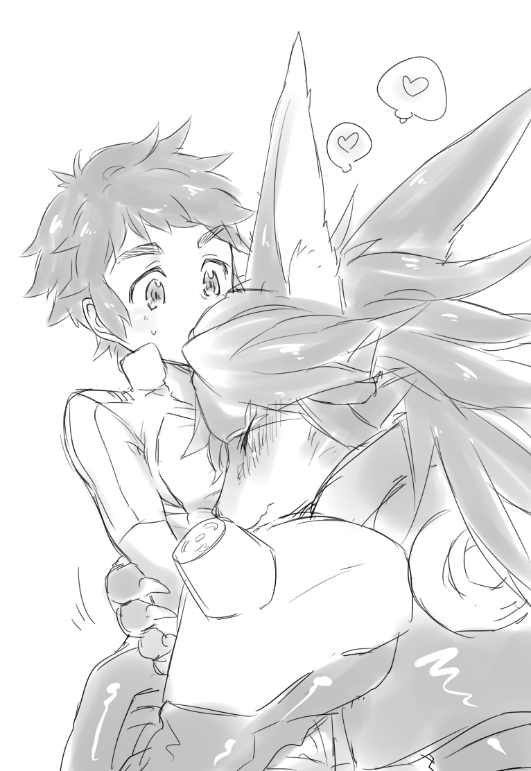 &lt;3 anthro appmon_(species) armor bandai_namco blush bodily_fluids canid claws clothed clothing digimon digimon_(species) digiphilia duo embrace eyes_closed fur hair htg hug human human_on_anthro inner_ear_fluff interspecies larger_anthro looking_at_another male male/male male_anthro mammal monochrome nuzzling pauldron shutmon simple_background size_difference sketch smaller_human sweat thought_bubble tuft waist_grab yuujin_oozora