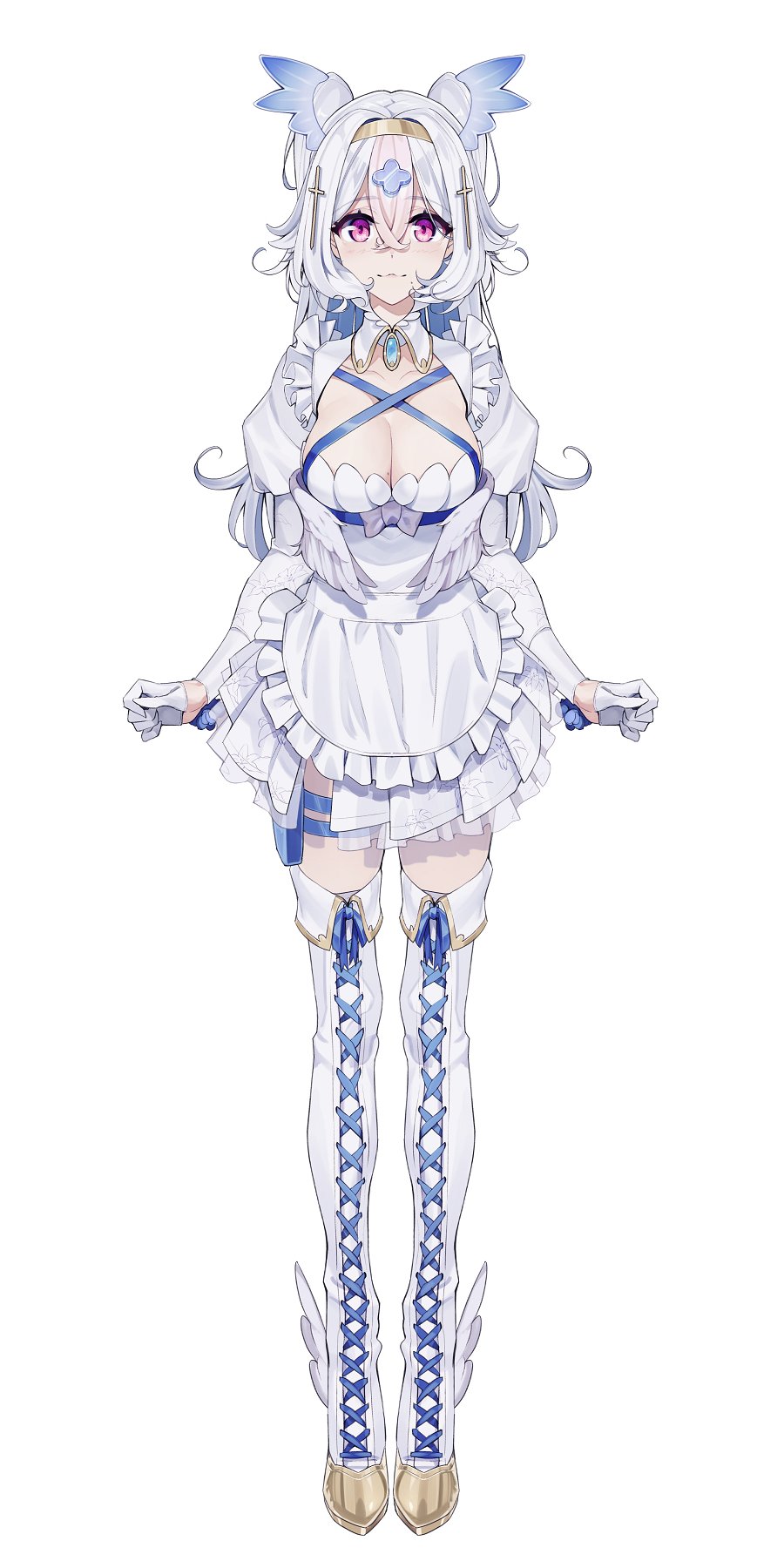 1girl :3 apron boots bow breasts cleavage closed_mouth fold-over_boots full_body gloves grey_bow half_gloves head_wings highres indie_virtual_youtuber juliet_sleeves kamameshi_gougoumaru large_breasts lilita_laplume long_hair long_sleeves looking_at_viewer low_wings mini_wings mole mole_on_breast multicolored_hair puffy_sleeves simple_background smile solo standing thigh_boots two-tone_hair waist_apron white_apron white_background white_footwear white_gloves white_hair wings zettai_ryouiki