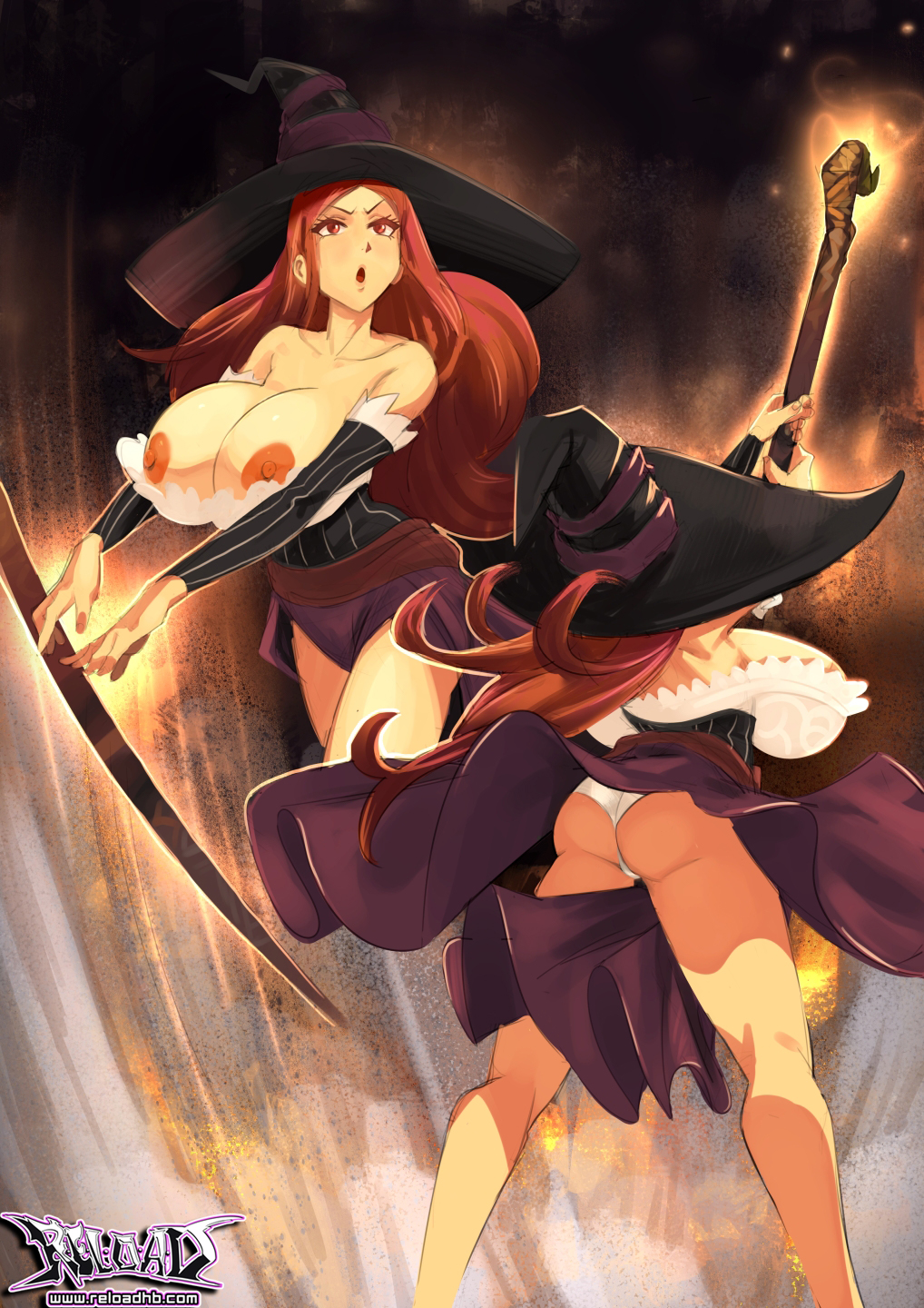1girl :o arm_warmers artist_name ass bare_shoulders breasts dragon's_crown dress english_commentary hat highres holding holding_staff large_breasts long_hair multiple_views panties r-e-l-o-a-d red_eyes red_hair signature sorceress_(dragon's_crown) staff strapless strapless_dress thighs underwear v-shaped_eyebrows vanillaware watermark white_panties witch witch_hat