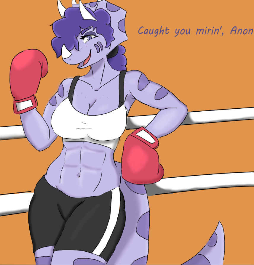 3_horns abs anthro arm_support athletic athletic_anthro bone_frill bottomwear boxing_gloves bra breasts ceratopsian cleavage clothed clothing crop_top curled_hair dinosaur english_text facial_horn female frill_(anatomy) goodbye_volcano_high hair handwear horn leaning leaning_back long_tail looking_at_viewer midriff multi_horn navel ornithischian ponytail pshy3214 purple_body purple_eyes purple_hair reptile rope scalie shirt shorts smile snoot_game_(fan_game) solo sports_bra text tight_clothing topwear triceratops trish_(gvh) underwear