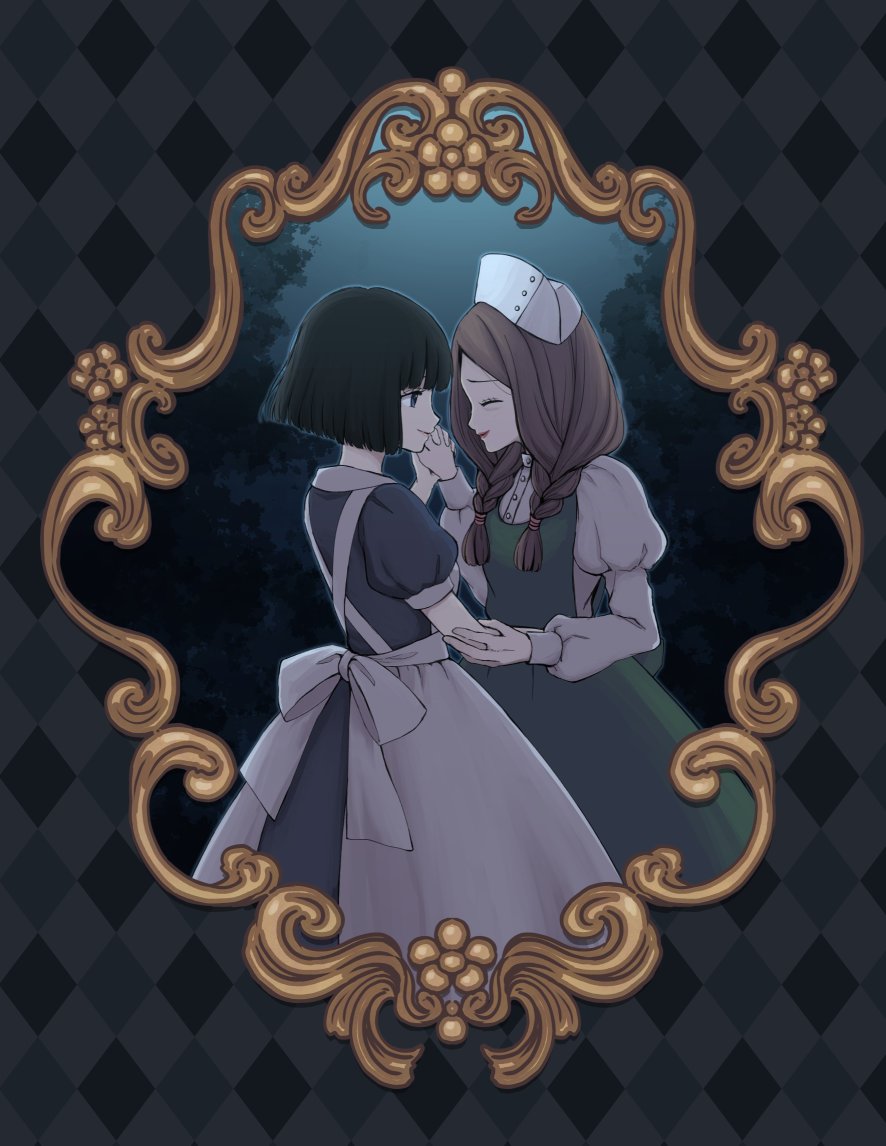 2girls aged_up apron argyle argyle_background aya_drevis bangs black_hair blunt_bangs braid brown_hair closed_eyes dress face-to-face hat long_sleeves mad_father maid maid_apron maria_(mad_father) medium_hair multiple_girls nurse_cap official_art puffy_long_sleeves puffy_short_sleeves puffy_sleeves seeen short_hair short_sleeves smile twin_braids white_apron