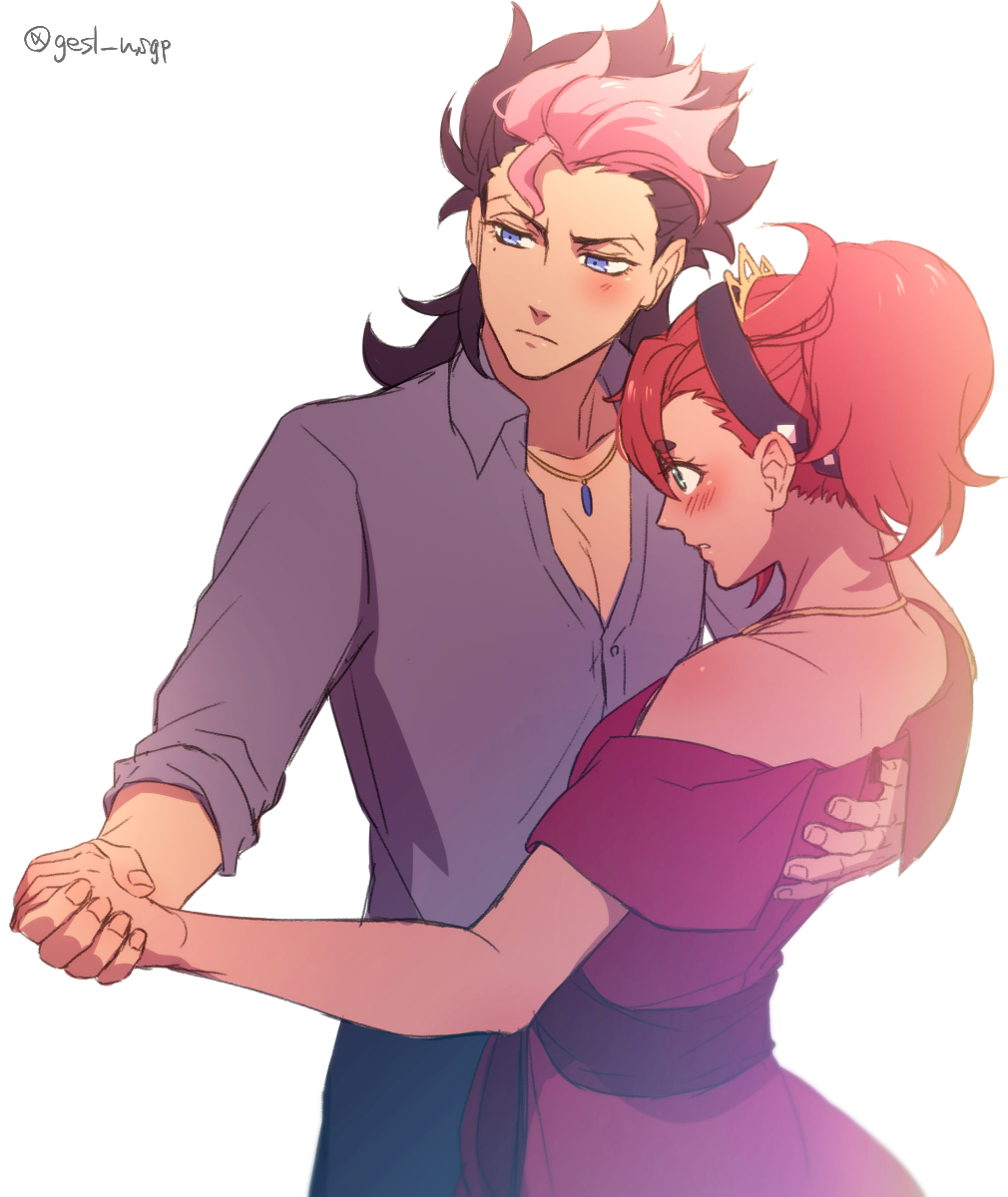 1boy 1girl arm_around_back bare_shoulders black_hairband blue_eyes blush breasts brown_hair collared_shirt cowboy_shot dancing dress gesl_nsgp grey_shirt guel_jeturk gundam gundam_suisei_no_majo hair_between_eyes hairband hand_on_another's_back highres holding_hands jewelry long_hair long_sleeves medium_breasts mole mole_under_eye mullet multicolored_hair necklace off-shoulder_dress off_shoulder parted_lips pink_hair ponytail red_dress red_hair shirt short_sleeves sleeves_rolled_up suletta_mercury thick_eyebrows tiara twitter_username two-tone_hair white_background