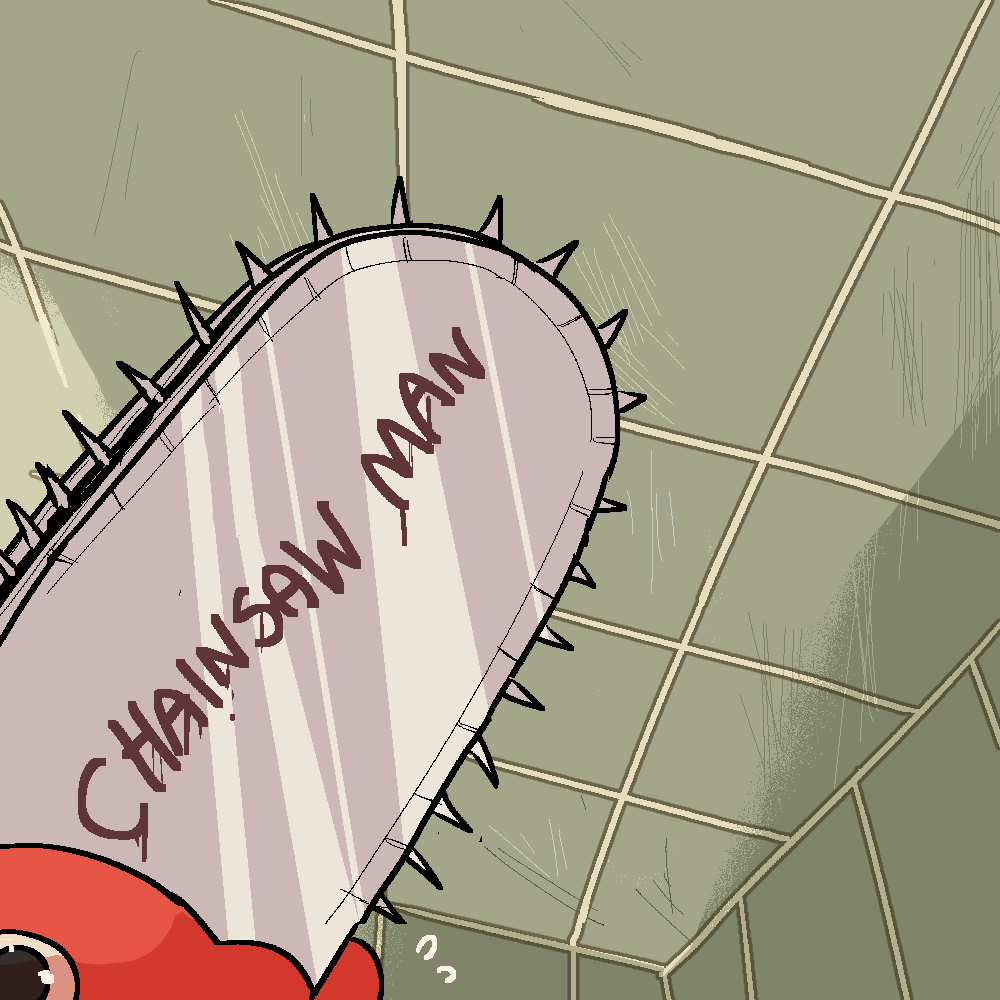 album_cover_redraw chainsaw chainsaw_man copyright_name death_grips derivative_work english_text flying_sweatdrops no_humans pochita_(chainsaw_man) psicochurroz solo text_focus tile_floor tile_wall tiles