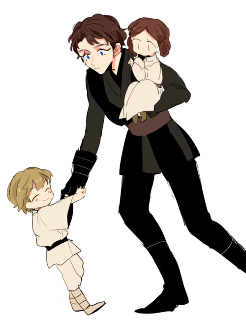 1girl 2boys anakin_skywalker animification blonde_hair blue_eyes boots brother_and_sister brown_hair father_and_daughter father_and_son female_child luke_skywalker multiple_boys princess_leia_organa_solo scar scar_across_eye siblings simple_background siraezaku smile star_wars star_wars:_a_new_hope star_wars:_revenge_of_the_sith white_background