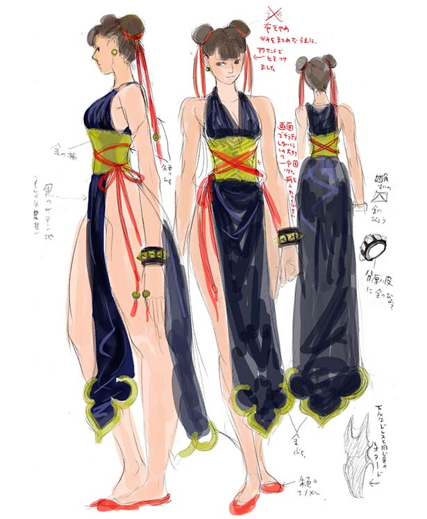 alternate_costume bare_shoulders breasts capcom character_design china_dress chinese_clothes chun-li cleavage concept_art curvy desing double_bun dress female full_body game hair_buns official_art qipao ribbon solo street_fighter street_fighter_iv white_background