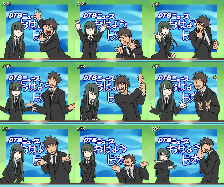 beard black_hair darker_than_black facial_hair formal gangsta hazuki_mina_(darker_than_black) jazz_hands long_hair lucky_channel lucky_star parody pose posing shizume_genma spiked_hair spiky_hair star suit wink