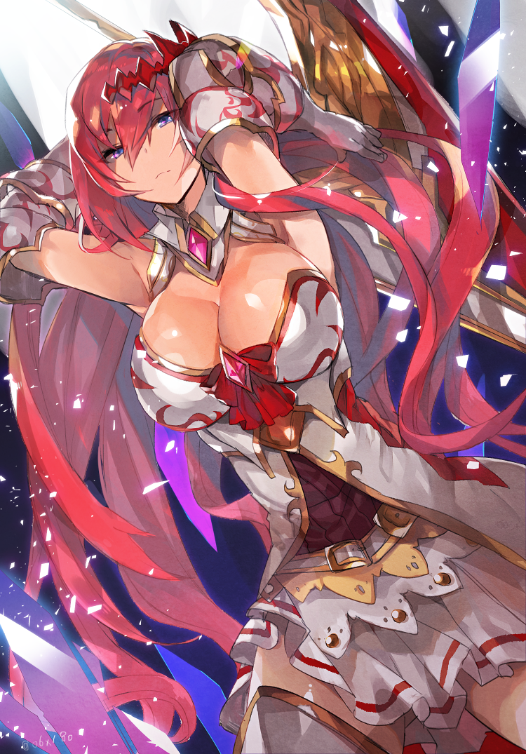 1girl armpits arms_behind_head arms_up bangs bare_shoulders belt blue_eyes breasts cleavage closed_mouth commentary_request detached_collar elbow_gloves gauntlets gem gloves godguard_brodia granblue_fantasy hair_between_eyes hair_ornament hyakuhachi_(over3) large_breasts long_hair looking_at_viewer red_hair skirt solo thighhighs very_long_hair white_gloves white_skirt