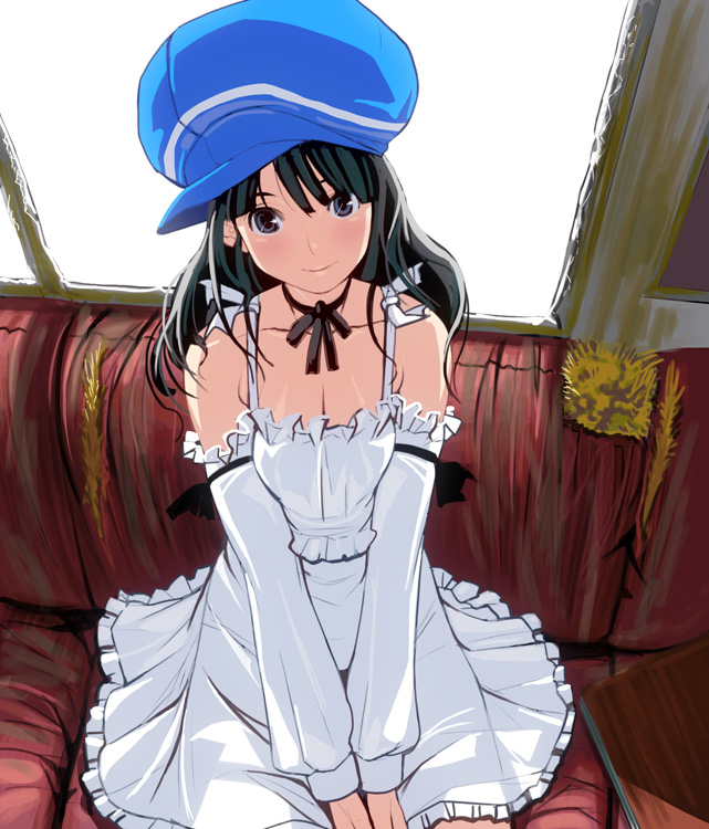 black_hair blue_eyes dress female girl hat