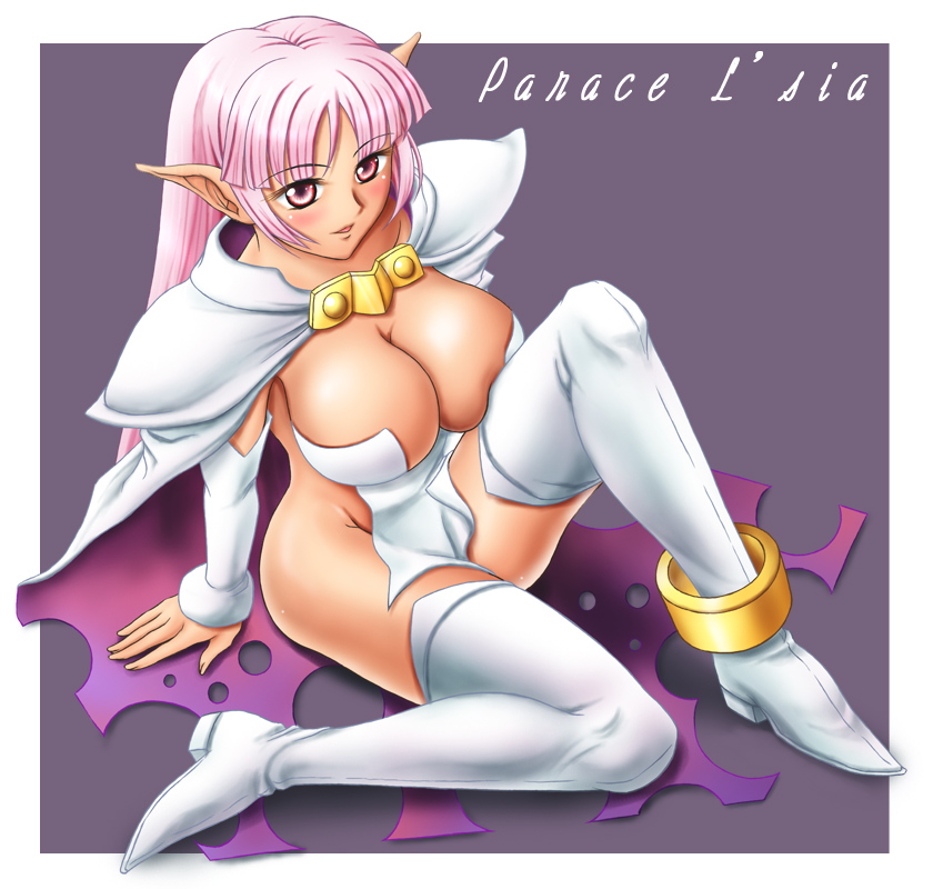 aq_interactive arcana_heart arcana_heart_2 artist_request atlus blush boots breasts cleavage dark_skin examu parace_l'sia parace_l'sia pointy_ears shimusu smile