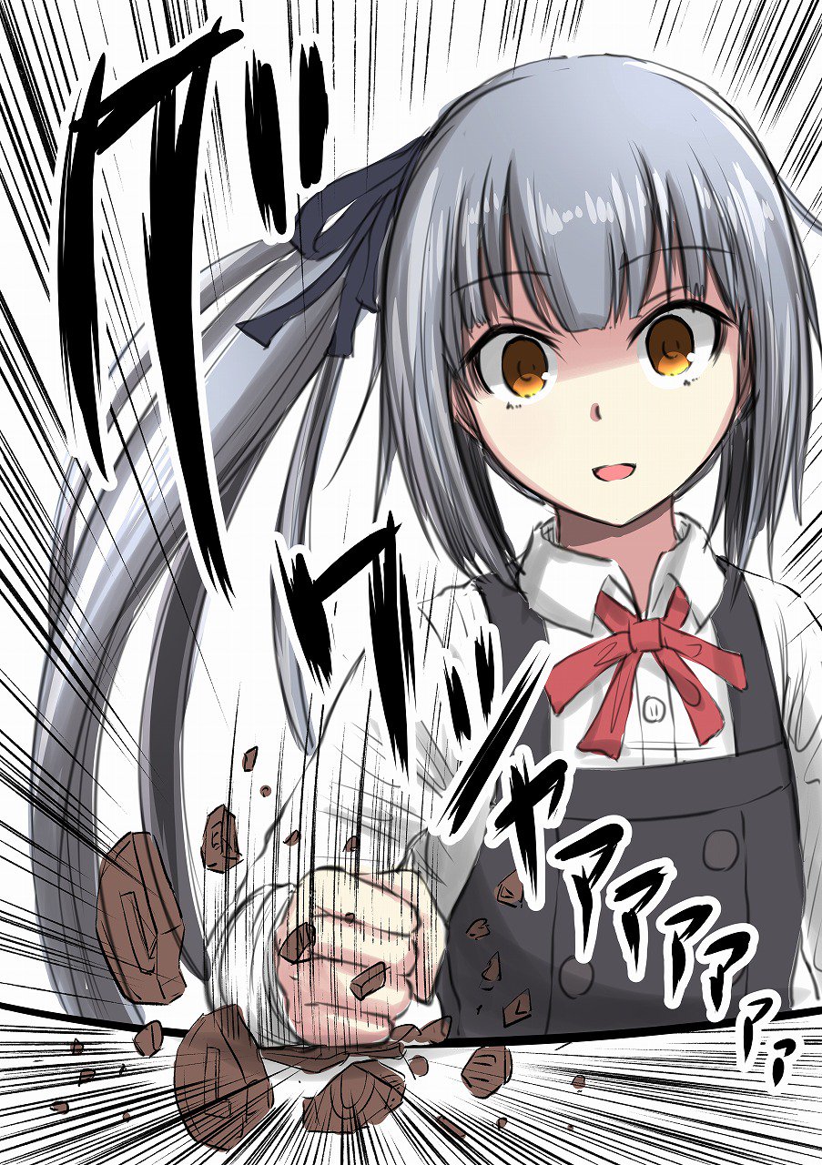 1girl bangs black_ribbon brown_eyes buttons chocolate clenched_hand dress eyebrows_visible_through_hair food grey_hair h2_(h20000000) hair_ribbon highres kantai_collection kasumi_(kantai_collection) long_hair long_sleeves motion_lines neck_ribbon open_mouth pinafore_dress ponytail red_neckwear red_ribbon remodel_(kantai_collection) ribbon school_uniform shaded_face shirt side_ponytail solo sound_effects upper_body valentine white_background white_shirt