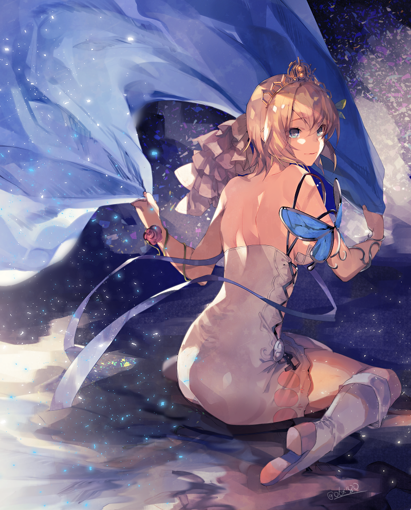 1girl armlet back bare_shoulders blonde_hair blue_eyes blue_ribbon boots breasts commentary_request dress europa_(granblue_fantasy) flower granblue_fantasy hair_ornament high_heel_boots high_heels hyakuhachi_(over3) knee_boots looking_back medium_breasts ribbon rose short_dress short_hair sideboob sitting solo thighs tiara veil wariza white_dress white_footwear