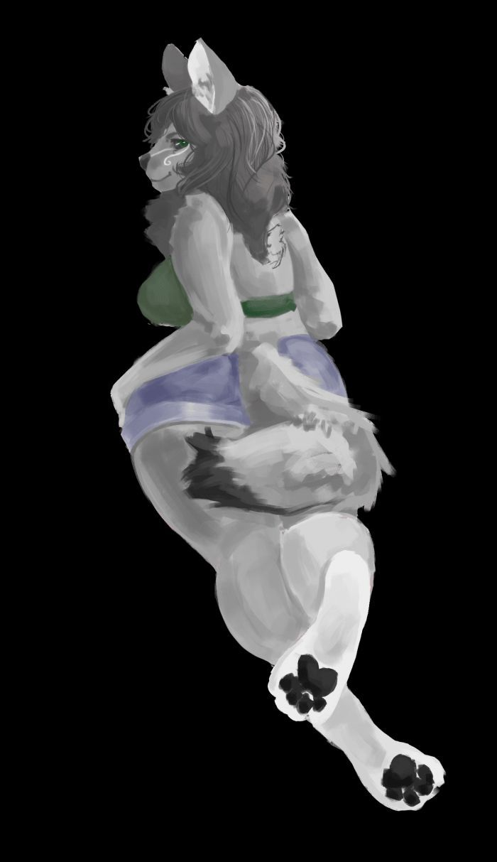 anthro big_breasts big_butt black_sclera breasts butt canid canine canis clothed clothing female hair hand_on_hip hands_on_hips hi_res looking_at_viewer looking_back mammal pawpads sagelock_grim shai_(artist) solo thick_thighs wolf