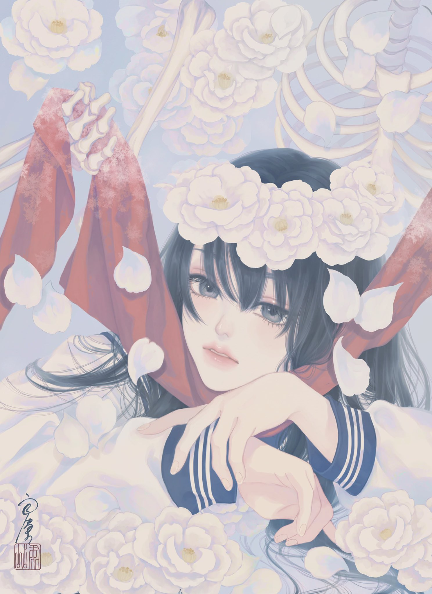 1girl arm_support bangs black_hair camellia flower flower_wreath grey_eyes head_wreath highres long_hair long_sleeves looking_at_viewer lying on_stomach original parted_lips petals red_scarf sailor_collar sailor_shirt scarf seal_impression shirt signature skeleton solo straight_hair suicide upper_body ushiyama_ame white_flower white_shirt