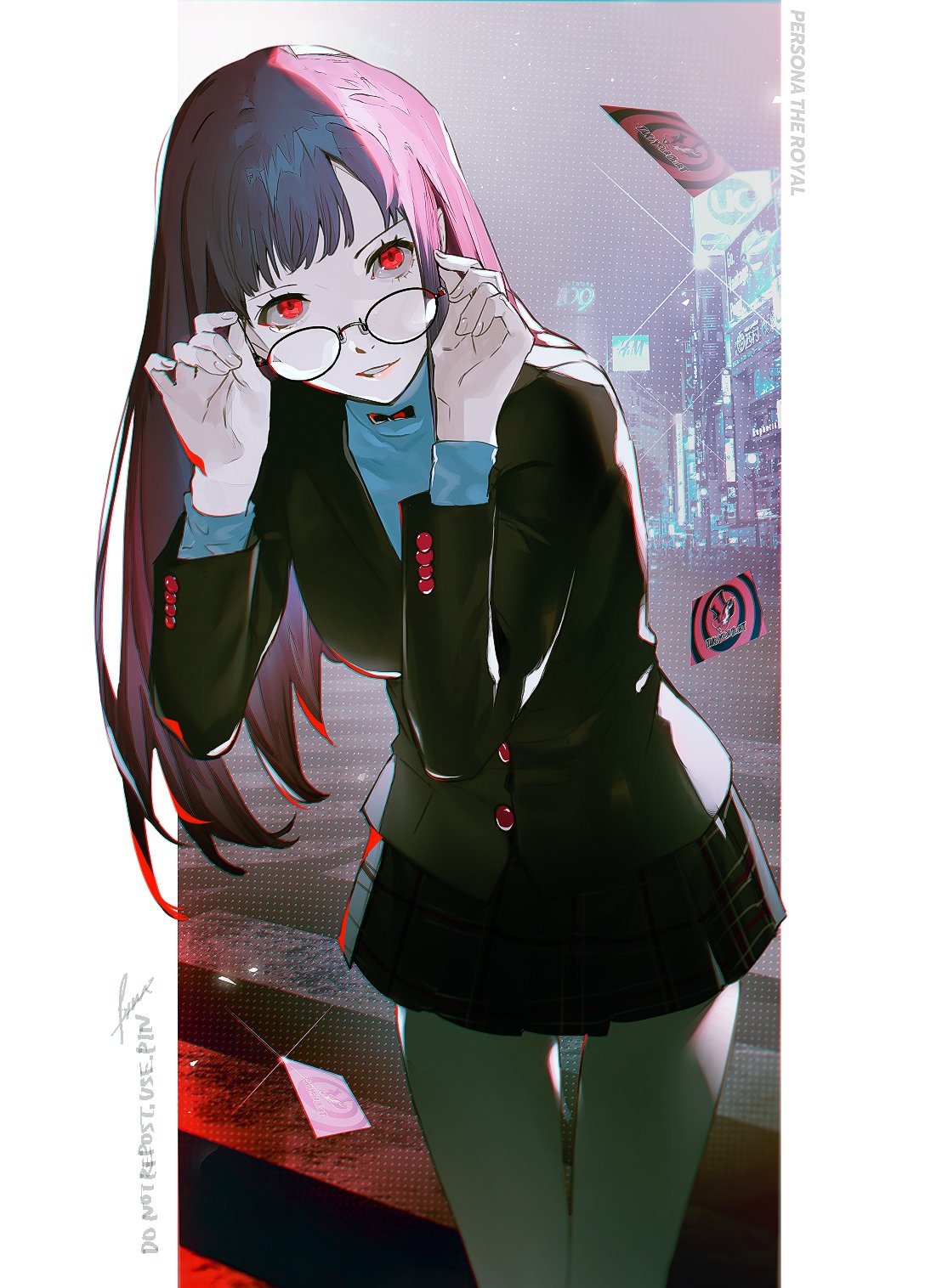 1girl bangs black-framed_eyewear black_hair black_jacket breasts btmr_game building calling_card commentary glasses highres hololive hololive_english jacket long_hair long_sleeves looking_at_viewer medium_breasts mori_calliope multicolored_hair parted_lips persona persona_5 pink_hair pleated_skirt red_eyes road school_uniform shibuya_109 shuujin_academy_uniform skirt solo sparkle street symbol-only_commentary