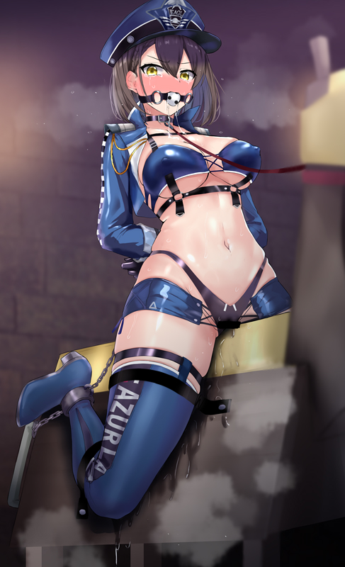 1girl arms_behind_back azur_lane ball_gag baltimore_(azur_lane) baltimore_(finish_line_flagbearer)_(azur_lane) bangs bdsm bikini black_bikini black_choker black_gloves blue_bikini blue_footwear blue_headwear blue_jacket blue_shorts blush bondage boots bound bound_arms braid breasts brown_hair chain chest_harness choker cleavage collarbone commentary_request covered_nipples cropped_jacket french_braid full_body gag gloves hair_between_eyes harness hat highleg highleg_bikini indoors jacket large_breasts leash long_sleeves looking_at_viewer micro_shorts mismatched_bikini navel nose_blush official_alternate_costume peaked_cap pussy_juice race_queen restrained saliva sasakura_(calicchio) short_hair shorts sidelocks skindentation solo steam stomach swimsuit tears thigh_boots underboob underbust wooden_horse yellow_eyes