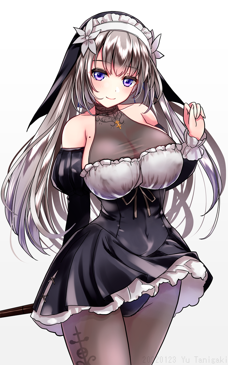 1girl arm_behind_back artist_name bangs black_dress black_panties black_pantyhose black_sleeves blush breasts brown_ribbon cleavage closed_mouth commentary_request covered_navel cowboy_shot cross dated detached_sleeves dress flower grey_background grey_hair habit hair_between_eyes hair_flower hair_ornament highres holding holding_staff juliet_sleeves large_breasts lelia_(sinisistar) long_hair long_sleeves looking_at_viewer mole mole_on_breast nun panties panties_under_pantyhose pantyhose pantyshot puffy_sleeves purple_eyes rei_no_himo ribbon short_dress simple_background sinisistar smile solo staff underwear white_background white_flower yamaguchi_yuu