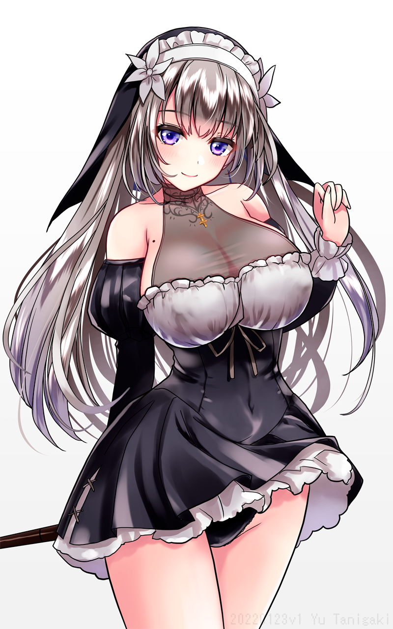 1girl arm_behind_back artist_name bangs black_dress black_panties black_sleeves blush breasts brown_ribbon cleavage closed_mouth commentary_request covered_navel cowboy_shot cross dated detached_sleeves dress flower grey_background grey_hair habit hair_between_eyes hair_flower hair_ornament highres holding holding_staff juliet_sleeves large_breasts lelia_(sinisistar) long_hair long_sleeves looking_at_viewer mole mole_on_breast nun panties pantyshot puffy_sleeves purple_eyes rei_no_himo ribbon short_dress simple_background sinisistar smile solo staff underwear white_background white_flower yamaguchi_yuu