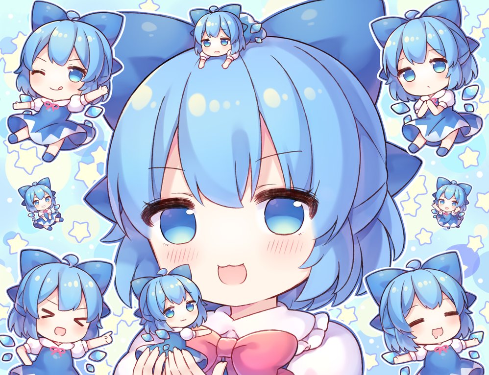 &gt;_&lt; 6+girls ahoge blue_bow blue_dress blue_eyes blue_footwear blue_hair blush bow cirno closed_eyes closed_mouth collared_shirt detached_wings dress drooling fairy hair_between_eyes hair_bow ice ice_wings multiple_girls multiple_persona one_eye_closed open_mouth pjrmhm_coa puffy_short_sleeves puffy_sleeves shirt shoes short_hair short_sleeves smile socks touhou white_shirt white_socks wings