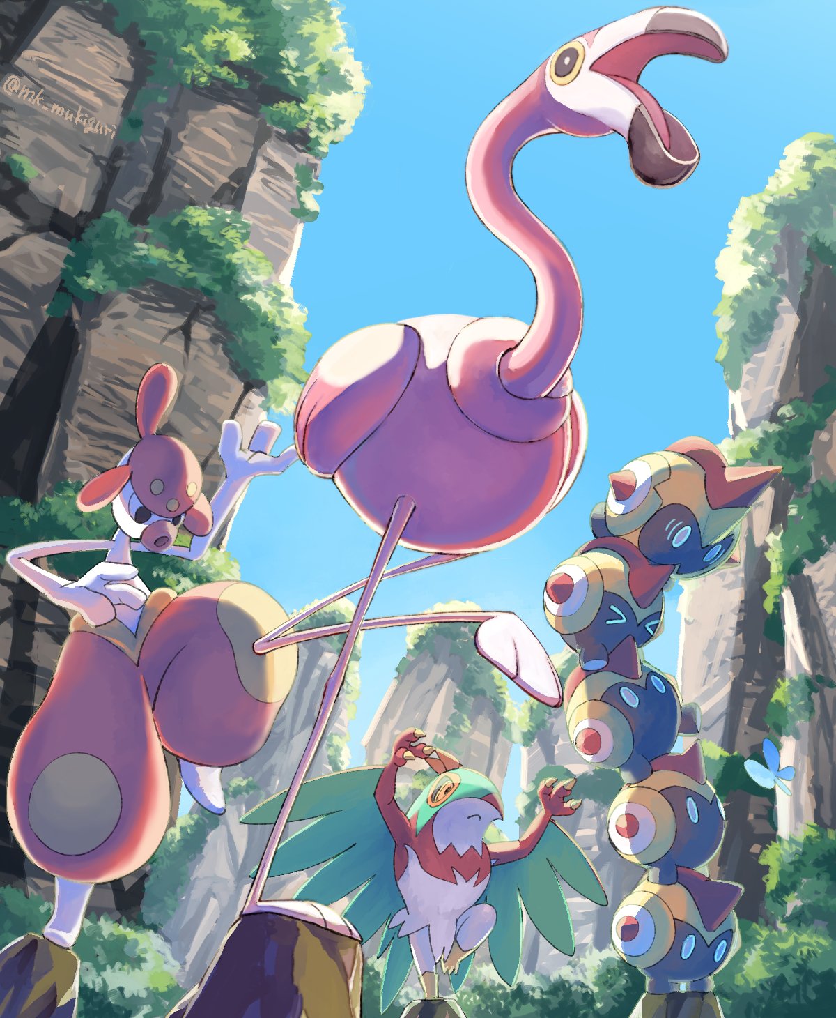 &gt;_&lt; black_eyes bright_pupils closed_mouth commentary day falinks flamigo from_below hawlucha highres medicham mukiguri open_mouth outdoors pokemon pokemon_(creature) sky stacking standing standing_on_one_leg tongue