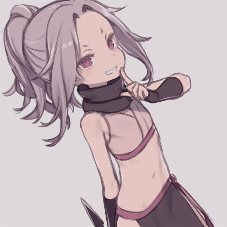 1girl bangs bare_shoulders black_gloves black_scarf cowboy_shot crop_top fingerless_gloves flat_chest gloves grey_background grey_hair grin high_ponytail index_finger_raised kunai kunoichi_tsubaki_no_mune_no_uchi kuroboshi_kouhaku long_hair looking_at_viewer muted_color navel ninja parted_bangs purple_eyes ringed_eyes sazanka_(kunoichi_tsubaki_no_mune_no_uchi) scarf short_eyebrows simple_background smile solo weapon