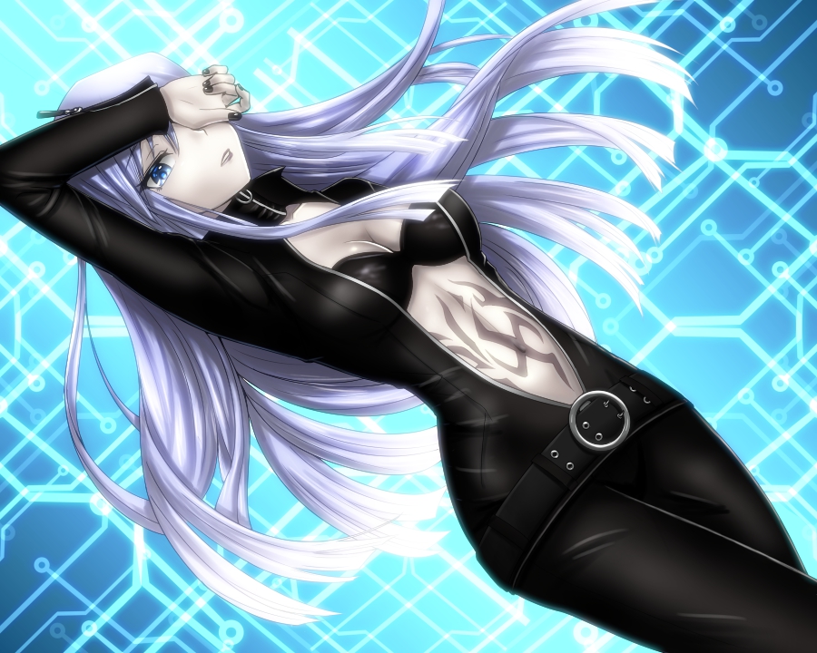 1girl belt blue_eyes blue_hair bodysuit breasts center_opening devil_summoner free_note017 lipstick long_hair looking_at_viewer makeup nail_polish nemissa pale_skin solo soul_hackers tattoo