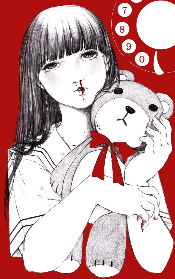 bangs bleeding blood blood_on_hands cropped_torso dial holding holding_stuffed_toy long_hair looking_up m0401 nosebleed original parted_lips partially_colored red_background red_ribbon ribbon rolling_eyes sailor_collar school_uniform serafuku short_sleeves solo straight_hair stuffed_animal stuffed_toy teddy_bear white_sailor_collar white_serafuku