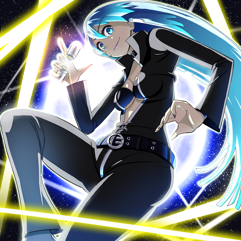 1girl belt blue_eyes blue_hair bodysuit breasts center_opening closed_mouth collar devil_summoner long_hair looking_at_viewer nail_polish nemissa pale_skin shikata_shiyomi smile solo soul_hackers zipper