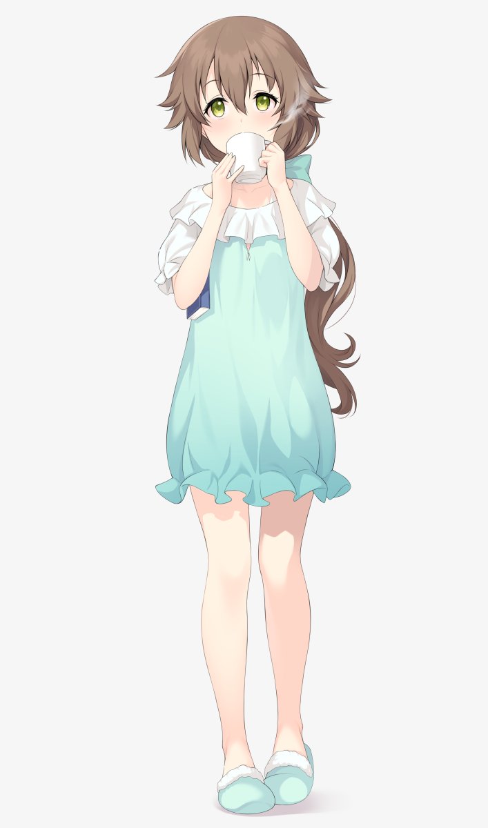 1girl blue_bow blue_footwear blue_nightgown blush book bow brown_hair commentary cup drinking eiyuu_densetsu green_eyes hair_bow hakuleg highres holding holding_book holding_cup legs long_hair looking_at_viewer nightgown sen_no_kiseki simple_background slippers solo symbol-only_commentary towa_herschel very_long_hair white_background