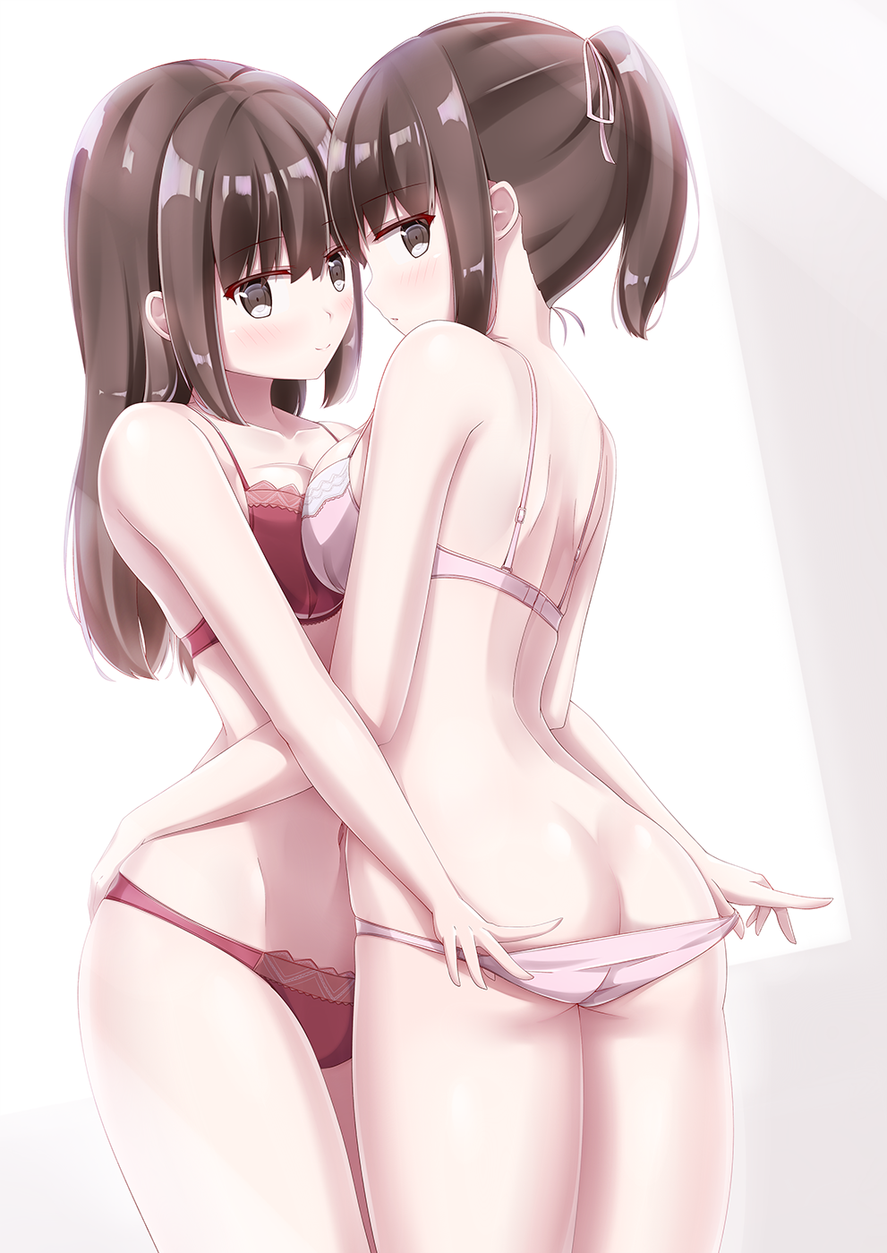 2girls blush bra breast_press butt_crack clothes_pull hand_on_another's_ass highres kamakama_(kdmorh_kamakama) long_hair multiple_girls original panties panty_pull pink_bra pink_panties ponytail pulled_by_another red_bra red_panties symmetrical_docking underwear undressing undressing_another yuri