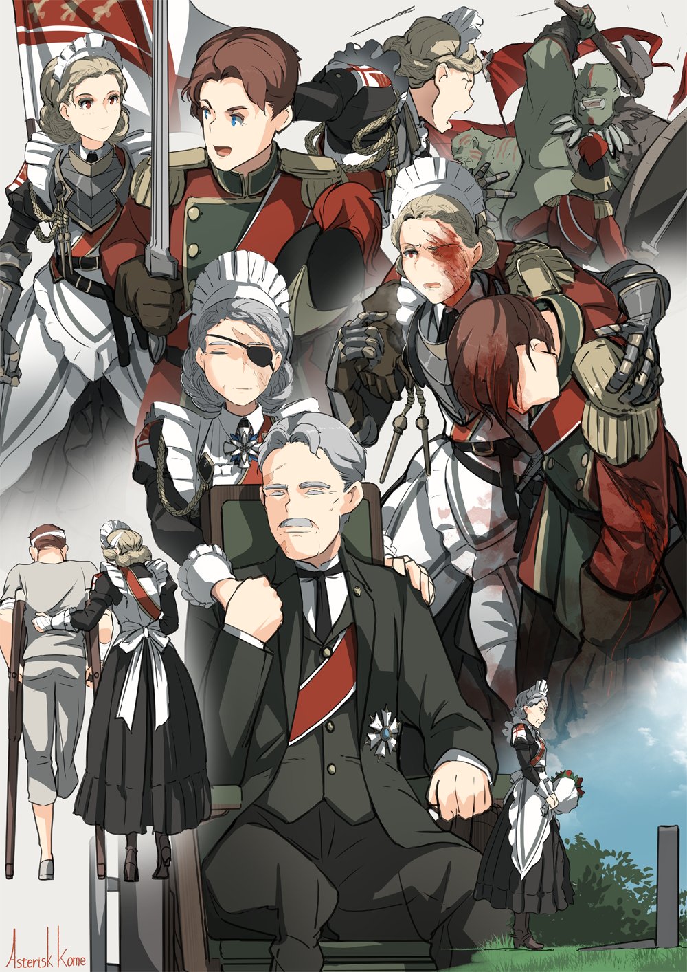 1girl 3boys age_progression amputee apron armor artist_name asterisk_kome axe bleeding blood blood_on_clothes blood_on_face eyepatch flagpole greaves highres holding holding_axe holding_hands holding_sword holding_weapon injury maid maid_apron maid_headdress military military_uniform morgan_stronghold multiple_boys old old_man old_woman orc original scar scar_across_eye soldier sword tombstone uniform weapon