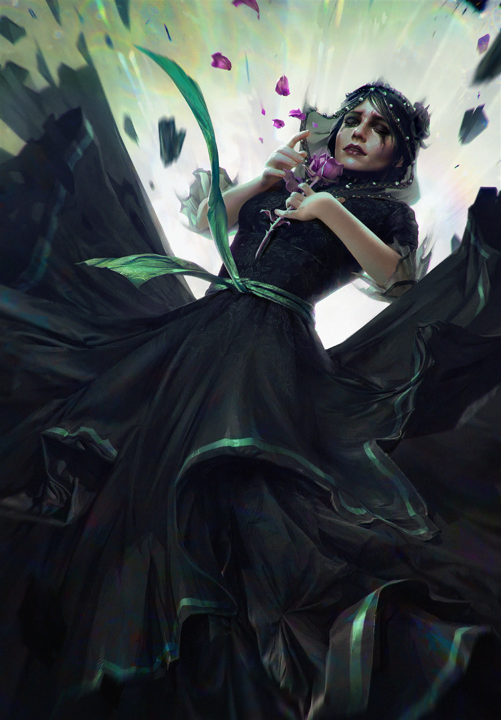 black_dress black_hair black_veil crying dress flower gwent_(game) highres iris_von_everec makeup mascara non-web_source petals plucking_petals purple_flower realistic rose_petals the_witcher_(series) the_witcher_3