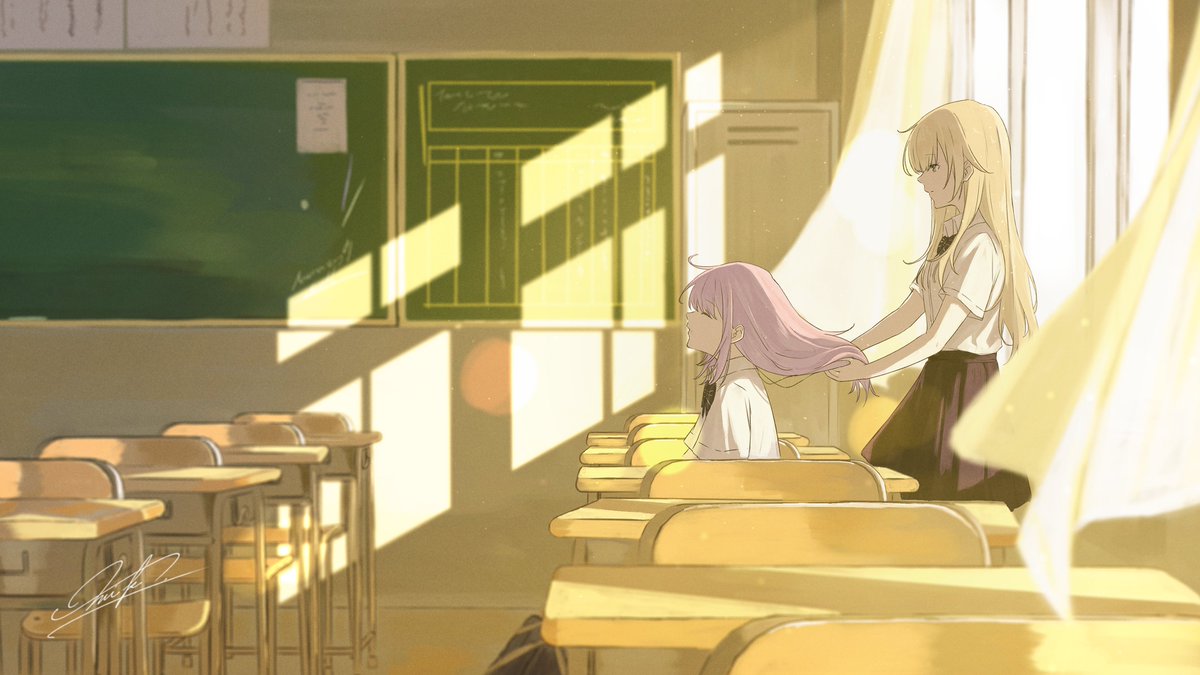 2girls aizawa_ema bag bangs black_ribbon black_skirt blonde_hair chair chalkboard closed_eyes commentary cupboard curtains dappled_sunlight desk from_side hand_in_another's_hair long_hair looking_at_another multiple_girls notice open_window purple_hair ribbon school_bag school_desk school_uniform shadow shinomiya_runa shirt signature skirt soramick sunlight virtual_youtuber vspo! white_shirt window