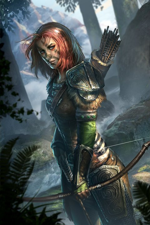 1girl aela_the_huntress armor bow_(weapon) facepaint fern pauldrons quiver red_hair shoulder_armor the_elder_scrolls the_elder_scrolls_v:_skyrim tree weapon