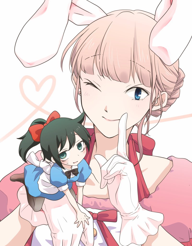 2girls alice_(alice_in_wonderland) alice_(alice_in_wonderland)_(cosplay) alice_in_wonderland animal_ears apron bags_under_eyes blue_dress blue_eyes bow cosplay dress gloves green_eyes hair_bow hairband hikaru_(ofuton_at5) index_finger_raised katou_asuka kuroki_tomoko multiple_girls one_eye_closed rabbit_ears red_dress smile watashi_ga_motenai_no_wa_dou_kangaetemo_omaera_ga_warui! white_gloves white_rabbit_(alice_in_wonderland) white_rabbit_(alice_in_wonderland)_(cosplay)