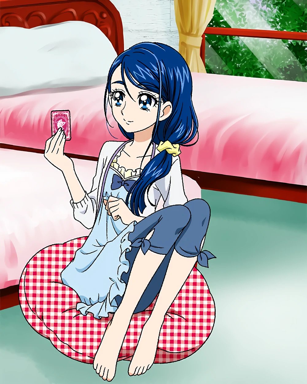 1girl bangs bed bedroom blue_dress blue_eyes blue_hair card dress front_ponytail highres holding holding_card jacket long_hair low_ponytail minazuki_karen official_art open_clothes open_jacket pants pants_under_dress precure precure_connection_puzzlun smile solo swept_bangs third-party_source white_jacket yes!_precure_5