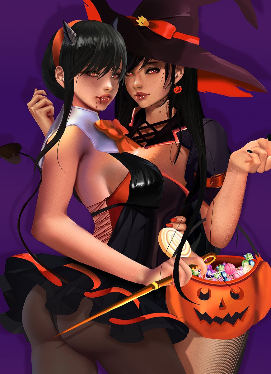 bite_mark blood blood_from_mouth earrings final_fantasy final_fantasy_vii final_fantasy_vii_remake fishnet_pantyhose fishnets food halloween halloween_bucket hat highres horns jewelry kittymiya looking_at_viewer pantyhose pumpkin spy_x_family sweets tail tifa_lockhart witch witch_hat yor_briar