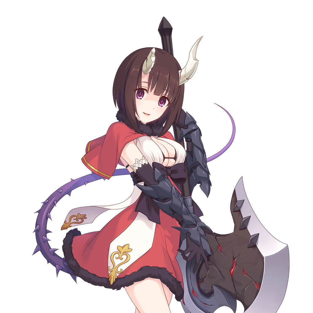 armored_gloves axe bob_cut broken_horn brown_hair demon_horns eriko_(princess_connect!) horns official_art princess_connect! purple_eyes simple_background tail white_background