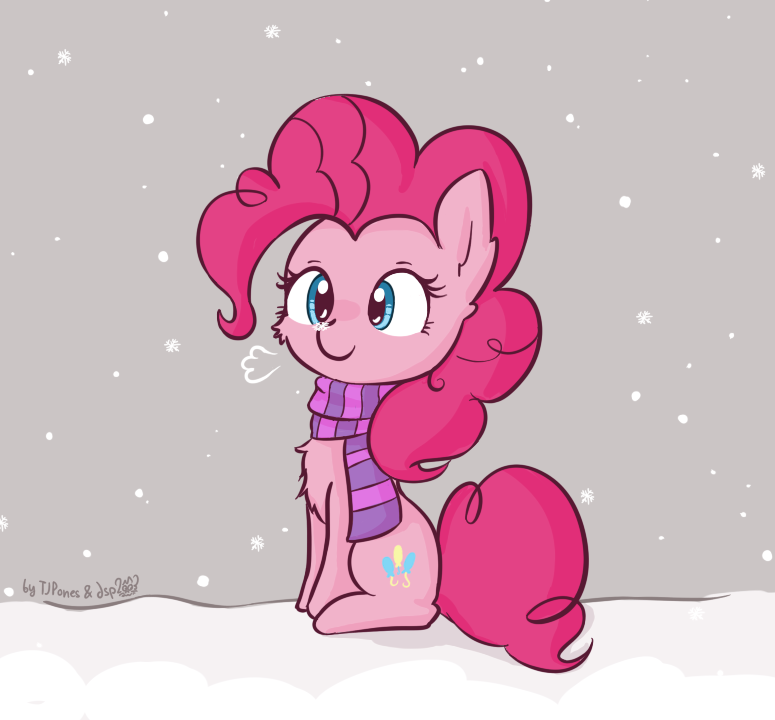 2015 breath clothing collaboration cutie_mark digital_drawing_(artwork) digital_media_(artwork) dsp2003 earth_pony equid equine female feral friendship_is_magic fur grey_background hair hasbro horse mammal my_little_pony pattern_clothing pattern_scarf pink_body pink_fur pink_hair pink_tail pinkie_pie_(mlp) pony purple_scarf scarf signature simple_background sitting snow snowflake snowing solo striped_clothing striped_scarf stripes tjpones